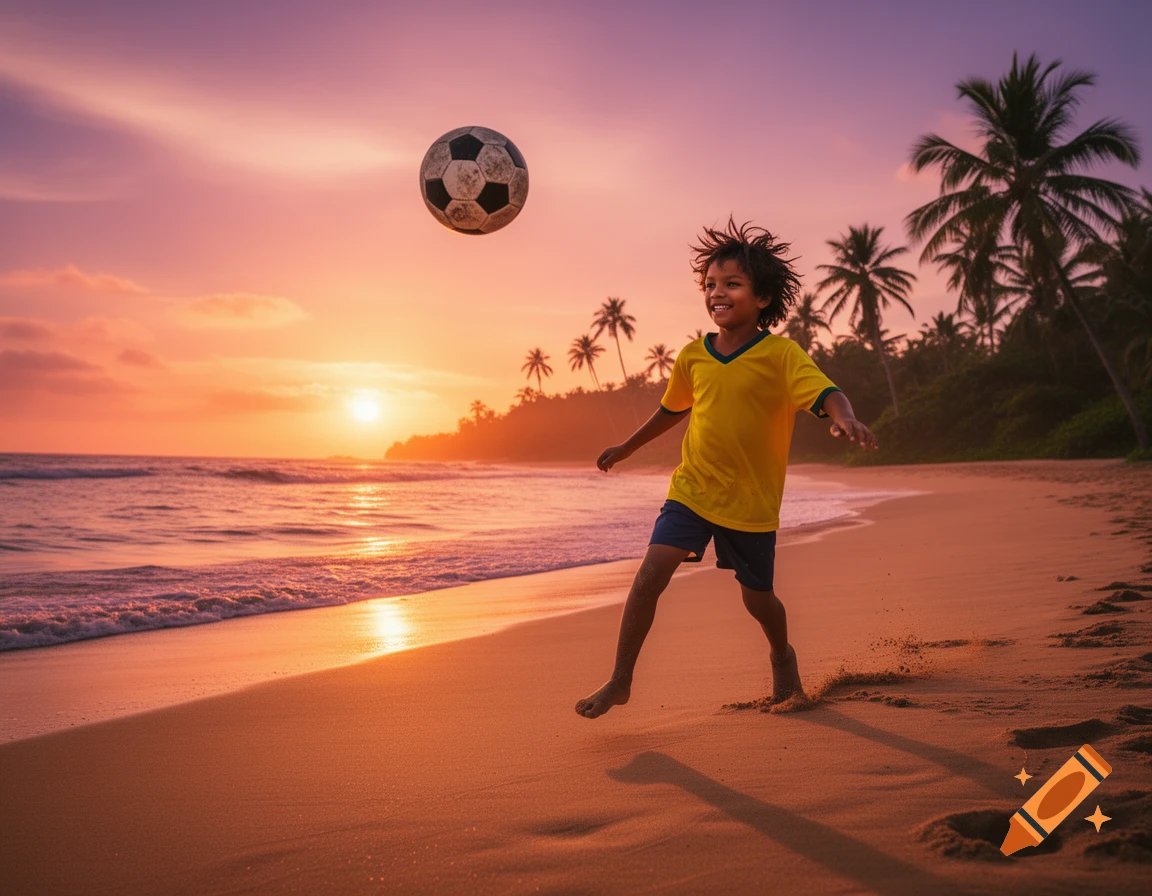A young child in a yellow shirt jumps to kick a soccer ball on a sandy beach at a vibrant sunset, with palm trees in the distance. Photorealistic.