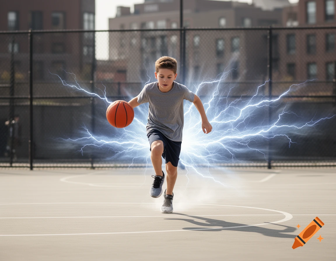 A young boy rapidly dribbles a basketball on a court, surrounded by bright blue lightning bolts, in a photorealistic style.