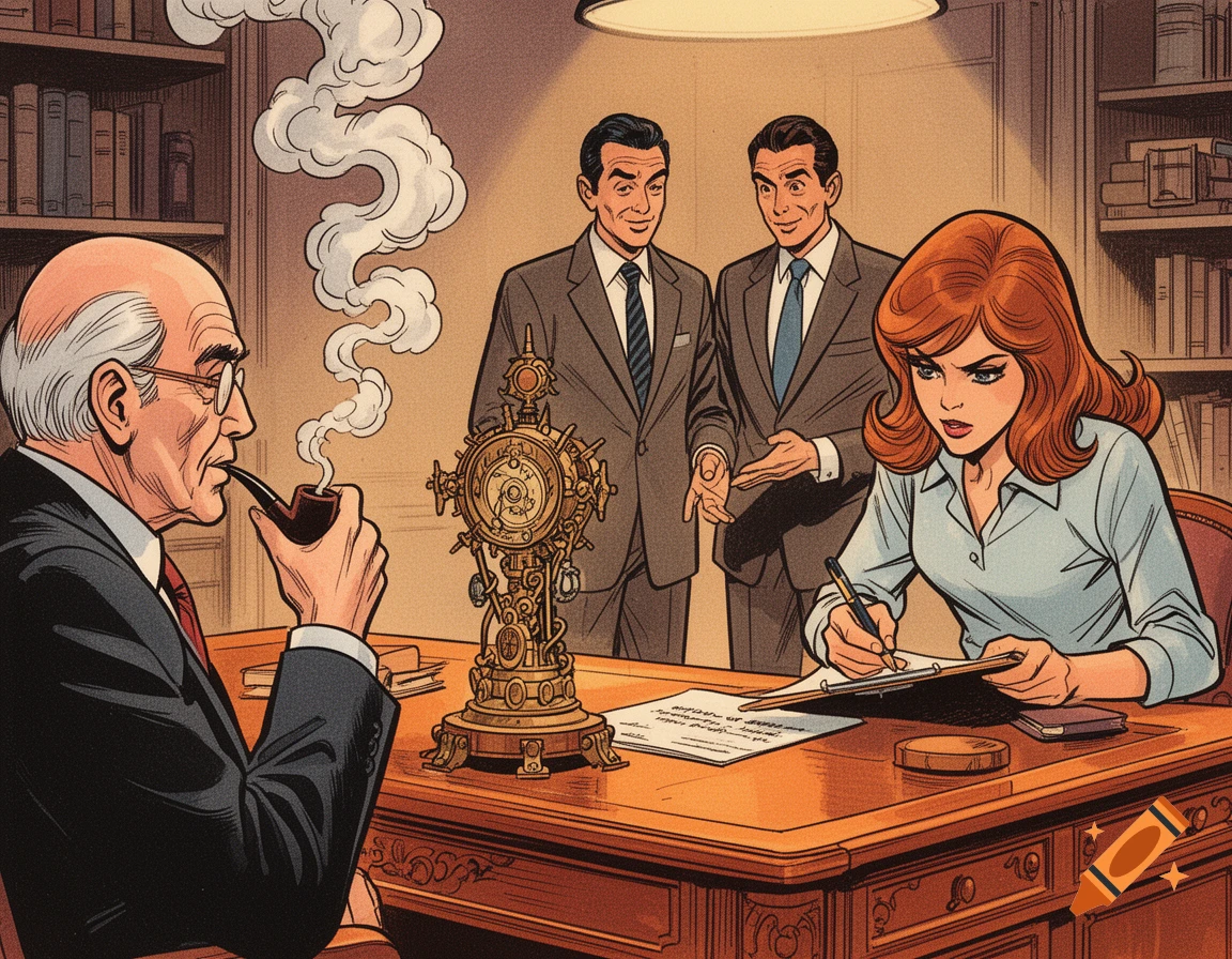 Retro comic art of an old professor smoking a pipe at a desk with an arcane artifact, a woman writing, and two men watching.