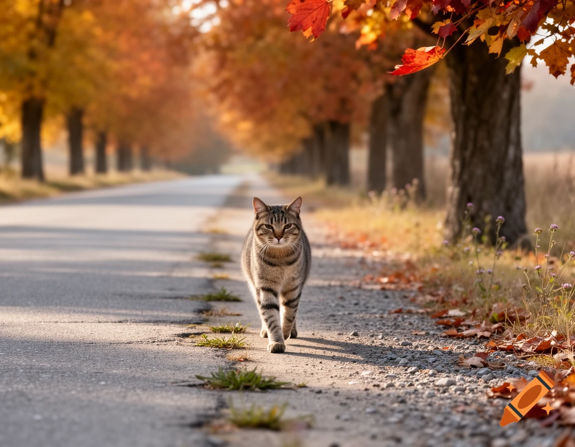 A tabby cat walks on an asphalt road lined with trees displaying vibrant autumn foliage.