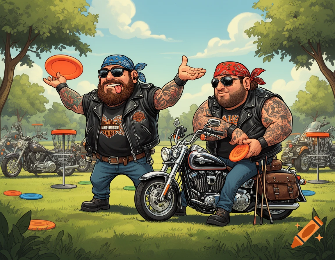 Cartoon of two burly bikers with bandanas and sunglasses playing disc golf in a park. One throws a frisbee, the other leans on his motorcycle.