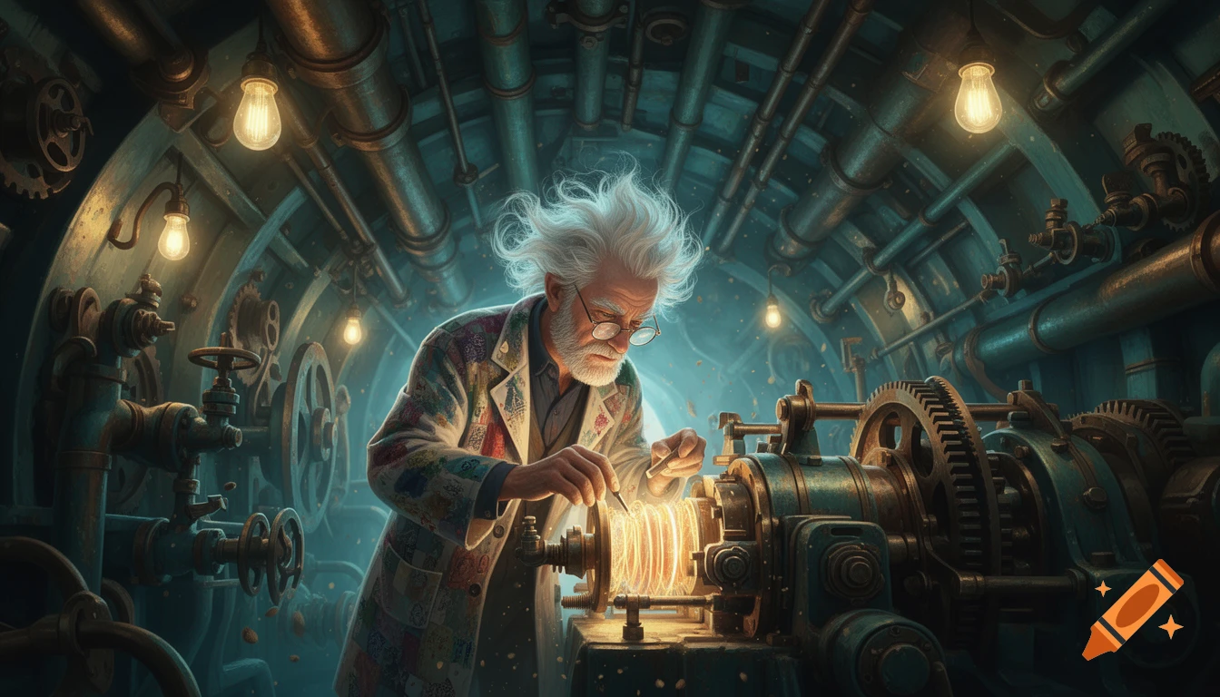 A wild-haired scientist with glasses and a beard, wearing a colorful lab coat, works on a glowing machine in a dark, steampunk engine room.