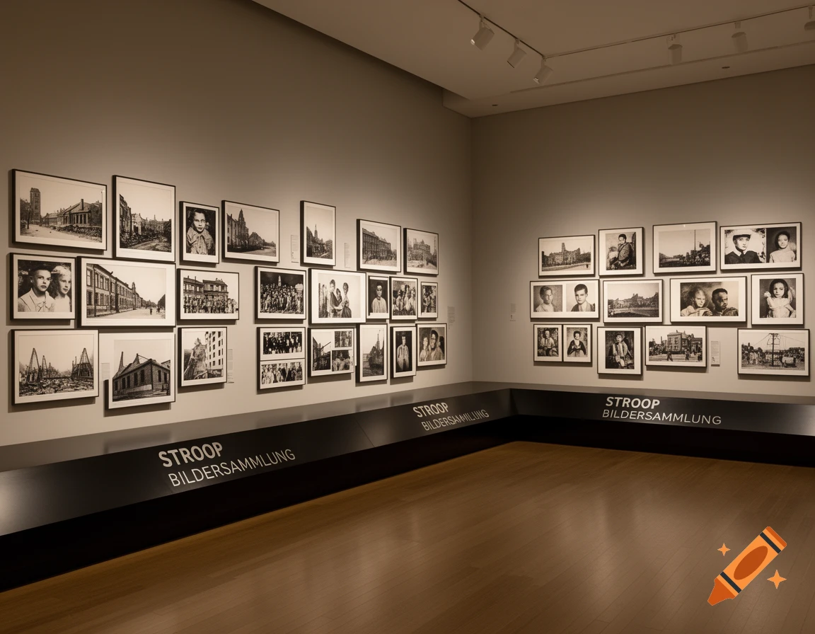 Interior view of a museum gallery with walls displaying many framed black and white photographs and text strips.