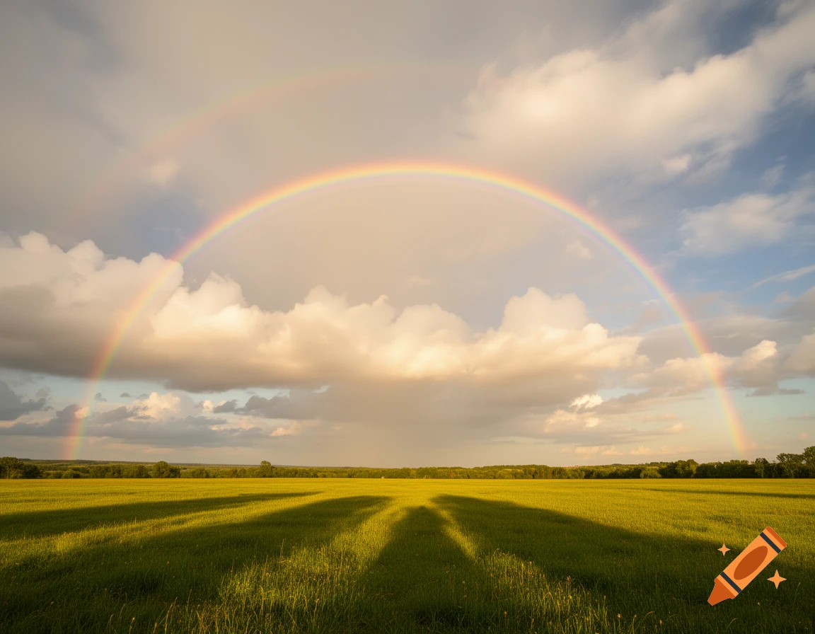 A wide green field under a cloudy sky with a double rainbow and long shadows stretching across the grass.