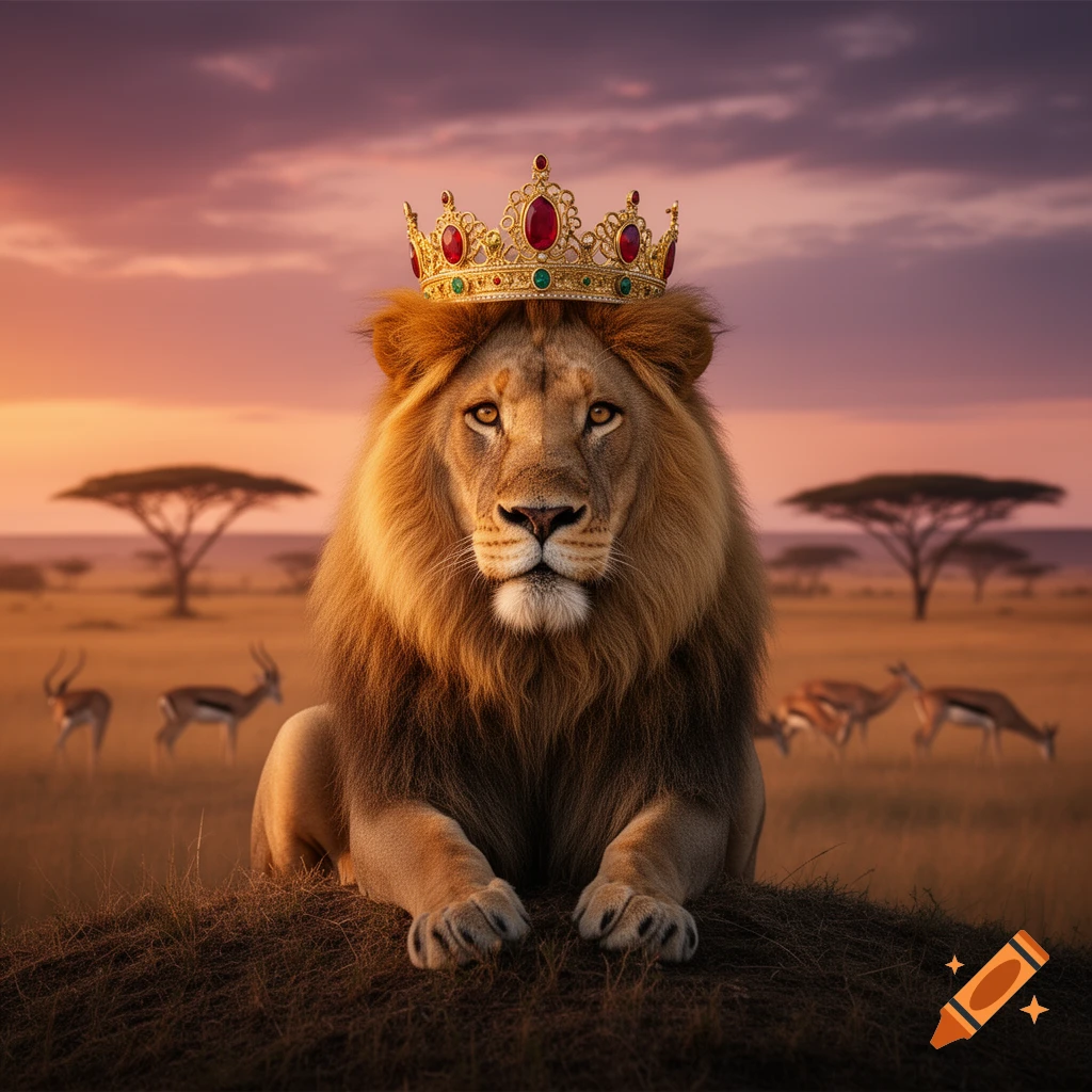 A majestic lion in a golden, jewel-encrusted crown sits on a mound in an African savanna at sunset with antelopes.