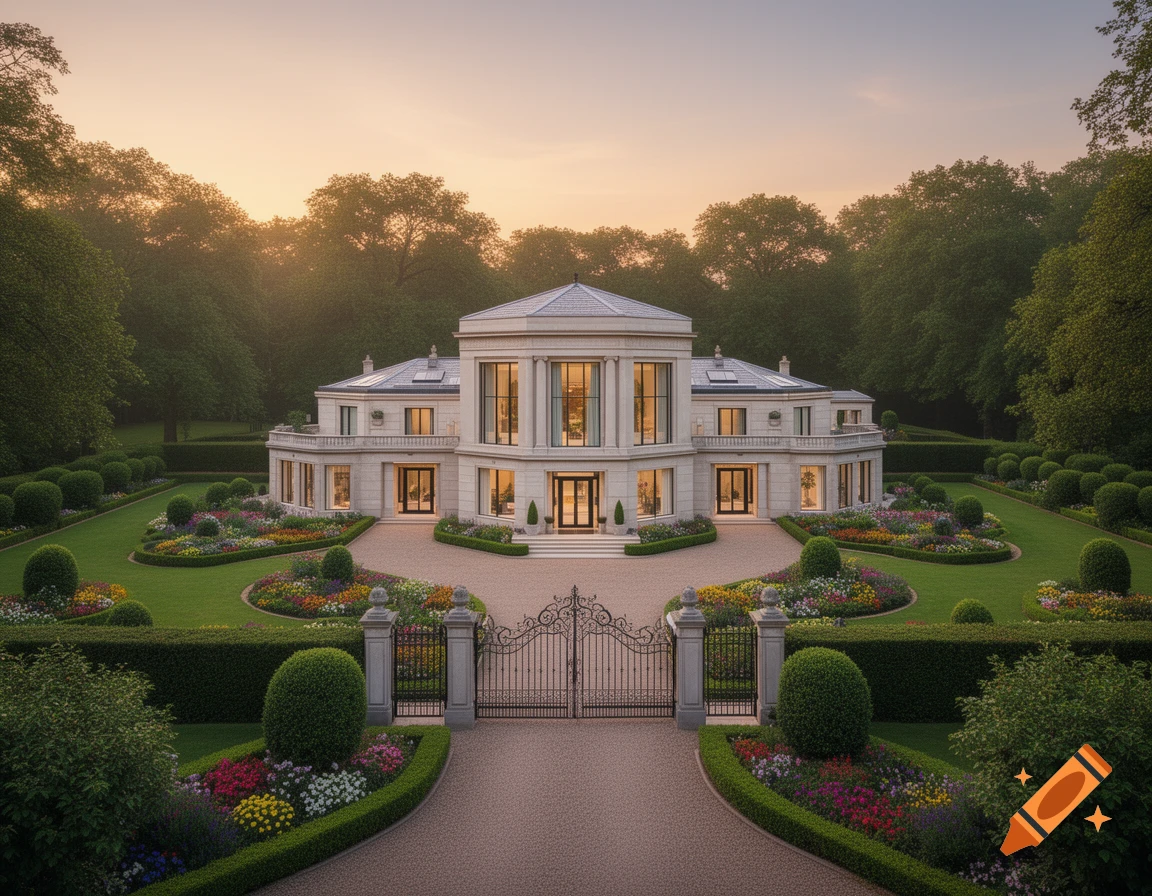 A grand hexagonal-based mansion at sunset, surrounded by lush green lawns, vibrant flower beds, and a decorative gate.