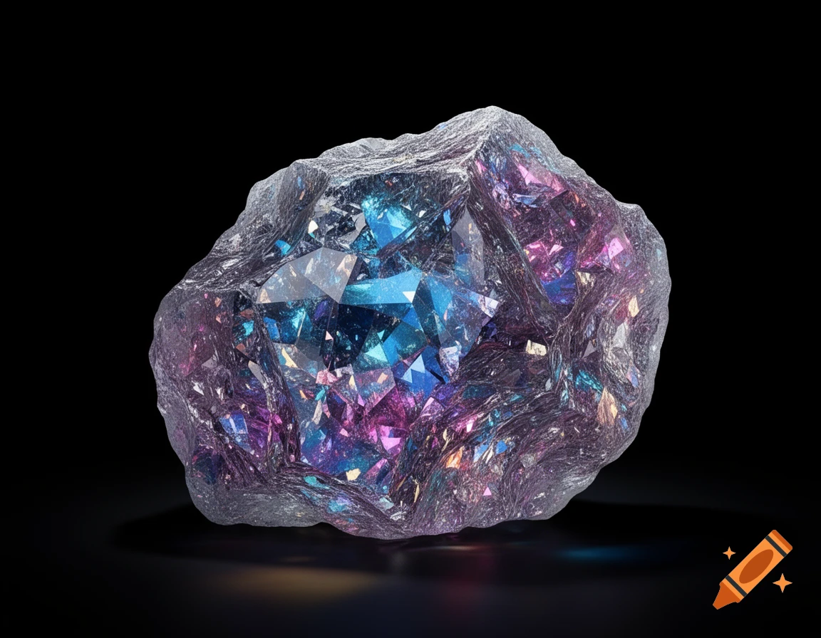A large, raw, iridescent crystal with blue and purple facets, casting reflections on a black surface against a black background.