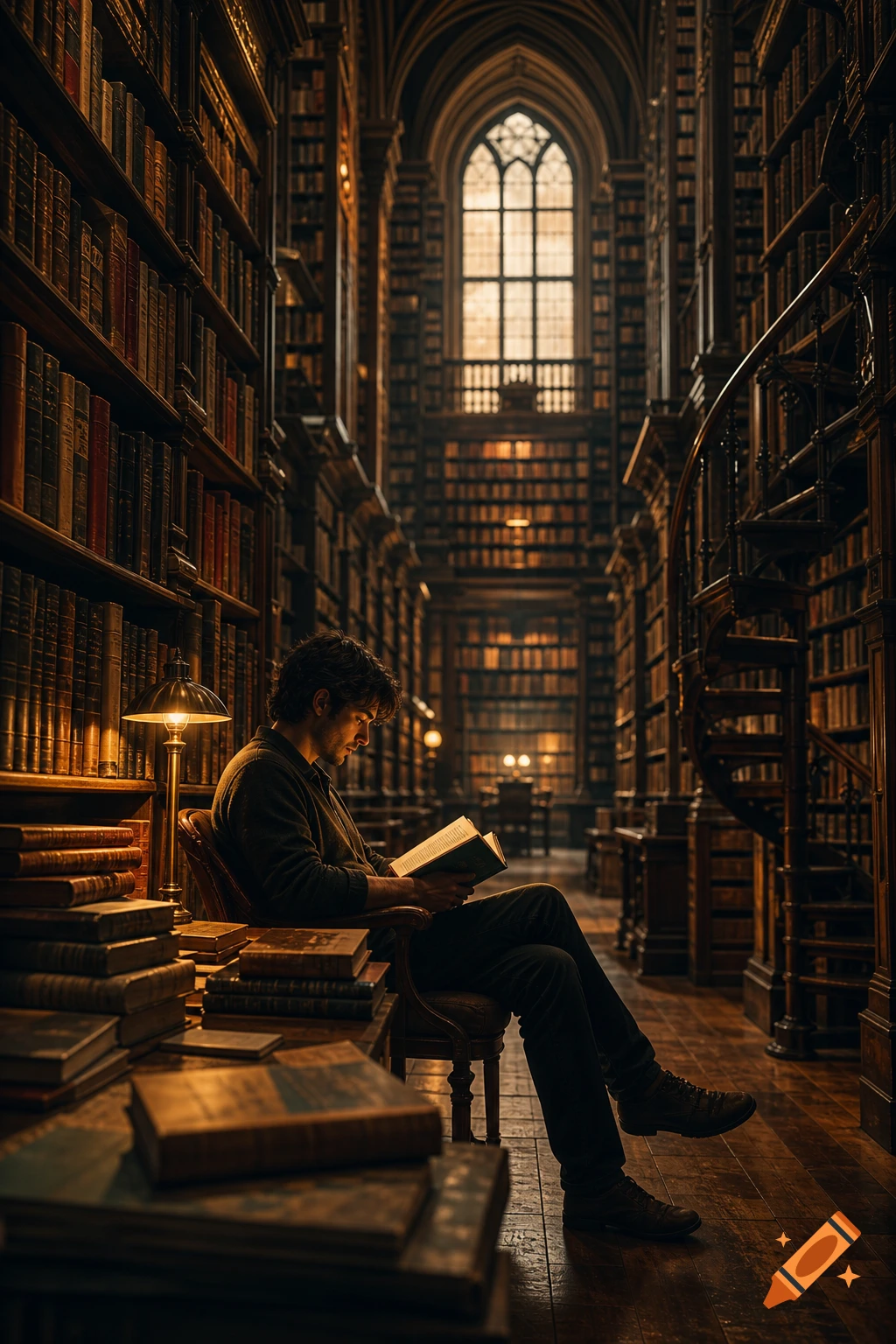 A man sits and reads a book in a grand, ornate library filled with towering wooden bookshelves and warm lighting.