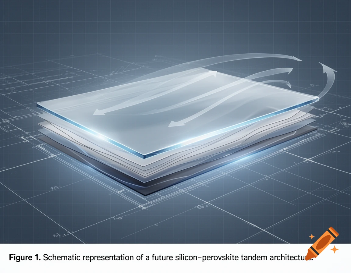 A blue-lit schematic diagram showing layered silicon-perovskite tandem architecture with flow arrows on a grid background.