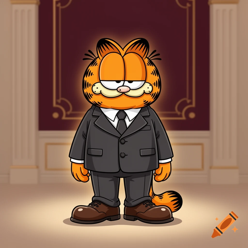 Garfield the cat standing upright in a formal grey suit, white shirt, and black tie, digital illustration.