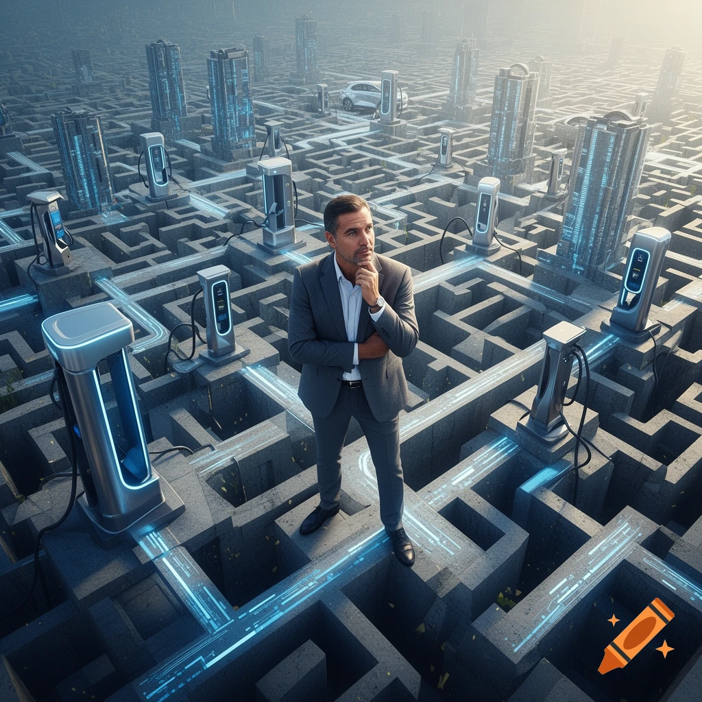 A man in a suit stands in a vast, futuristic maze filled with glowing electric vehicle charging stations and tall buildings, looking thoughtful.