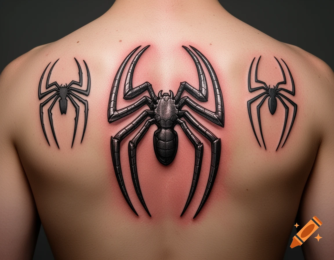 A person's back displaying three Spider-Man spider tattoos: Andrew Garfield's design in the center, Tobey Maguire's on the left shoulder blade, and Tom Holland's on the right shoulder blade.