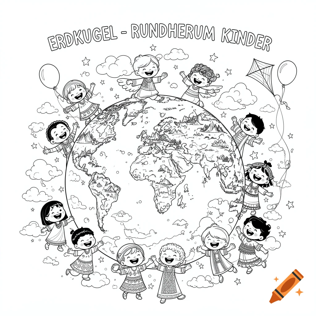 Line art coloring page of children of diverse ethnicities holding hands around the Earth, with text 'ERDKUGEL - RUNDHERUM KINDER'.