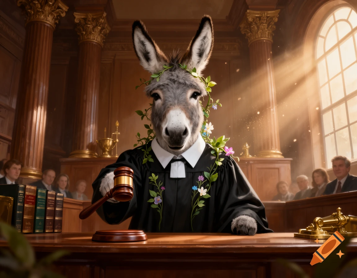 A photorealistic courtroom scene featuring a donkey dressed as a judge with floral decorations, holding a gavel.