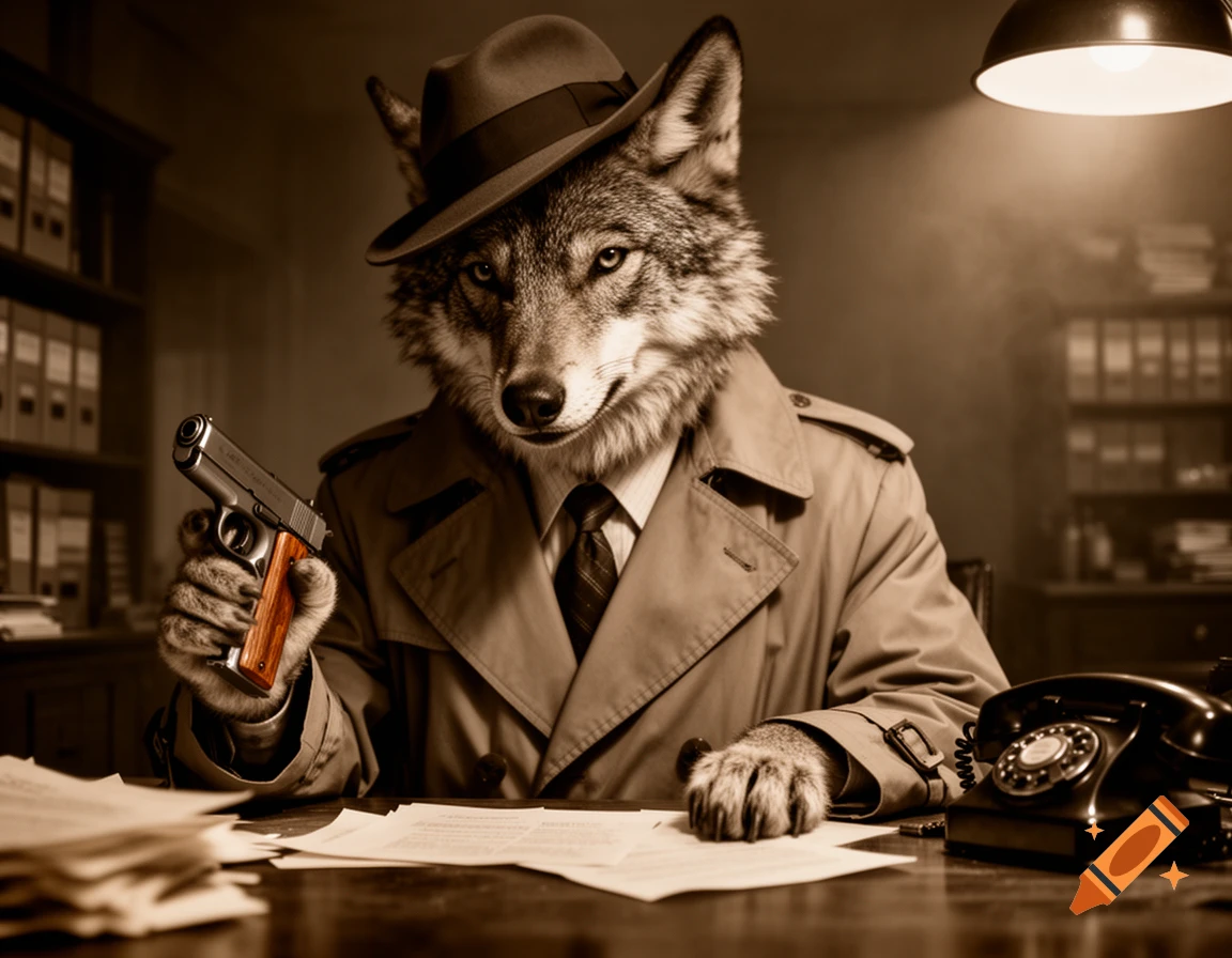 A photorealistic, sepia-toned image of an anthropomorphic wolf detective wearing a fedora and trench coat, holding a pistol at a desk.