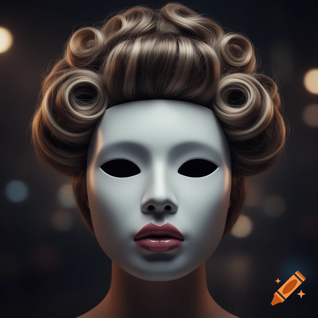 A photorealistic portrait of a person wearing a smooth white mask with black eye holes, full pink lips, and an elaborate blonde curly hairstyle against a blurred dark background with bokeh lights.