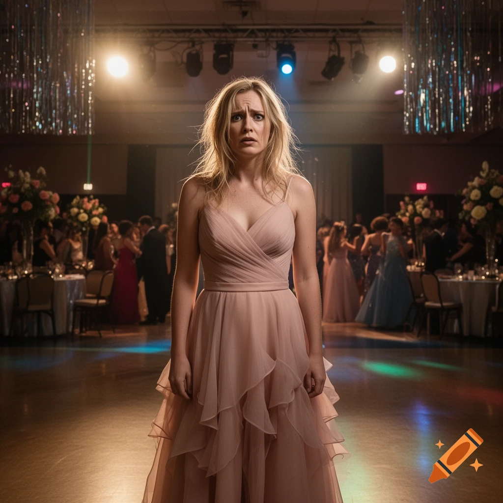 A terrified young woman standing alone in the middle of a crowded school prom ballroom, cinematic photorealistic style.