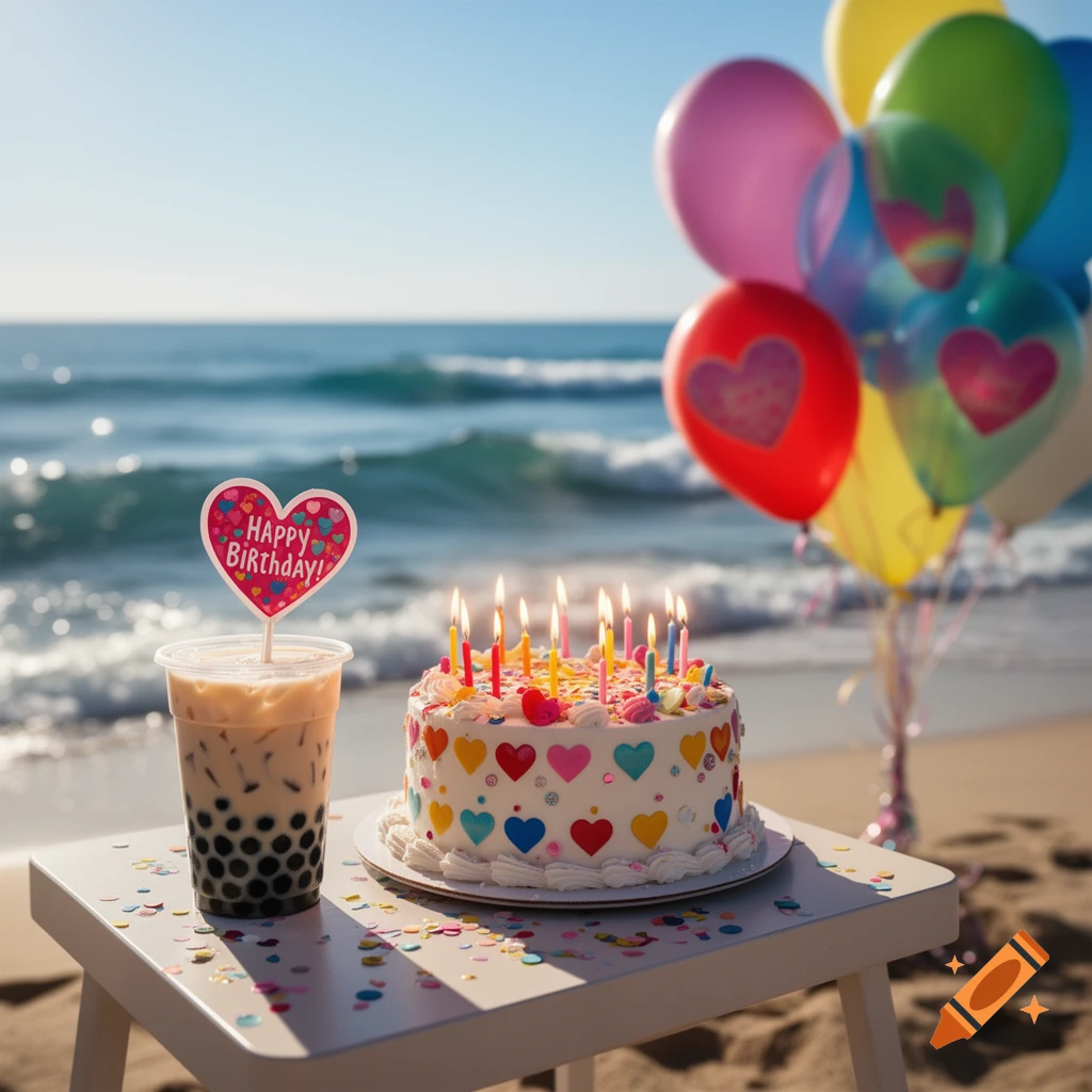 A birthday cake and bubble tea on a table at the beach with colorful balloons in the background, photorealistic.