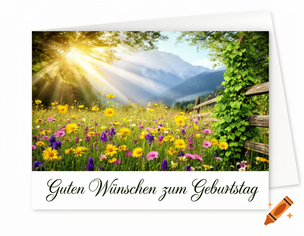 A birthday card with a vibrant meadow of yellow and purple wildflowers, a wooden fence, mountains, and sun rays through trees. Text reads "Guten Wünschen zum Geburtstag".