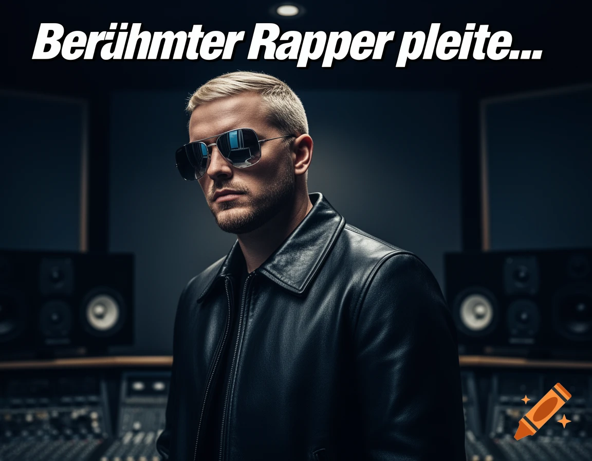 Photorealistic portrait of a blond man in sunglasses and a leather jacket in a recording studio, with the headline "Berühmter Rapper pleite..."