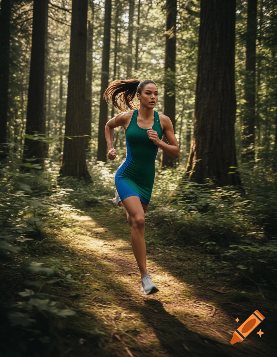 A fit woman runs through a sun-dappled forest path, wearing a green and blue athletic dress.