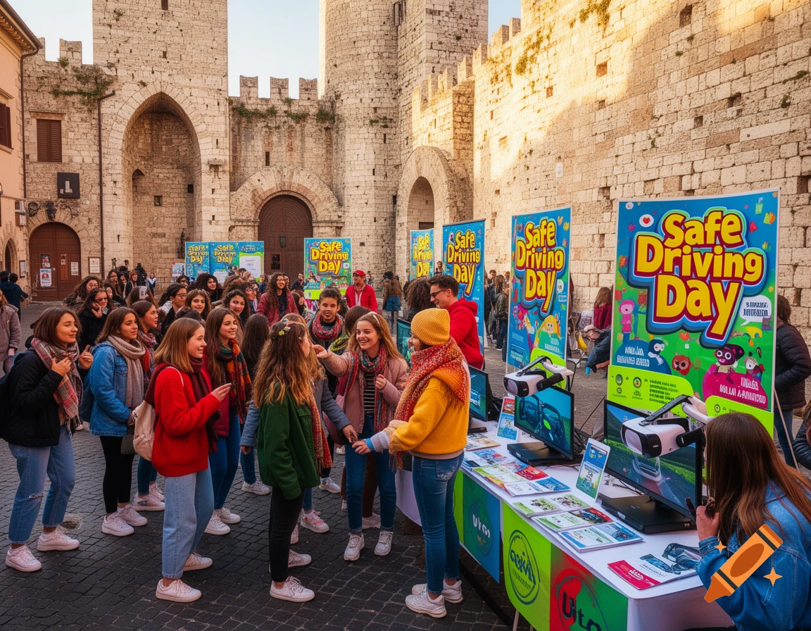 Students gather at an outdoor 'Safe Driving Day' event with colorful banners and VR headsets, set against ancient stone architecture.
