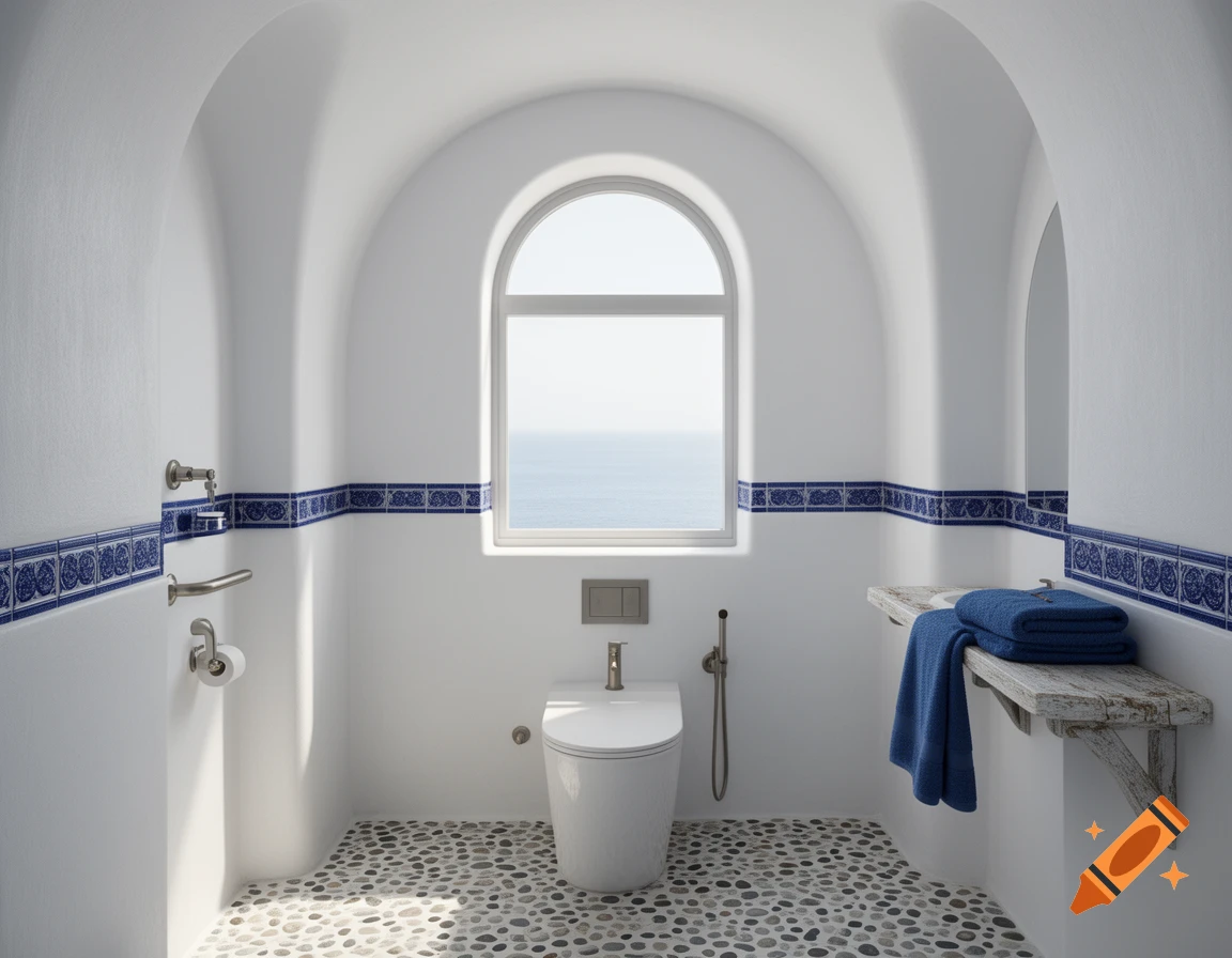 A white Santorini-inspired bathroom with arched walls, blue patterned tiles, a white toilet, and a window overlooking the sea.