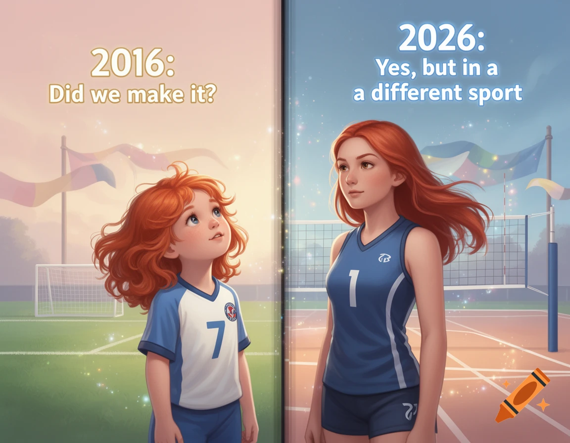 Animated image of a young girl in a soccer uniform looking up at a teenage girl in a volleyball uniform, divided by a vertical line, with text '2016' and '2026'.