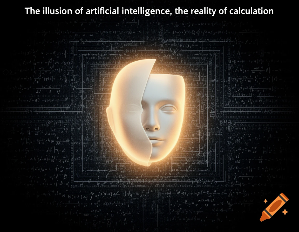 A glowing, cracked white mask revealing a dark background of mathematical formulas and binary code, with the title "The illusion of artificial intelligence, the reality of calculation" above.