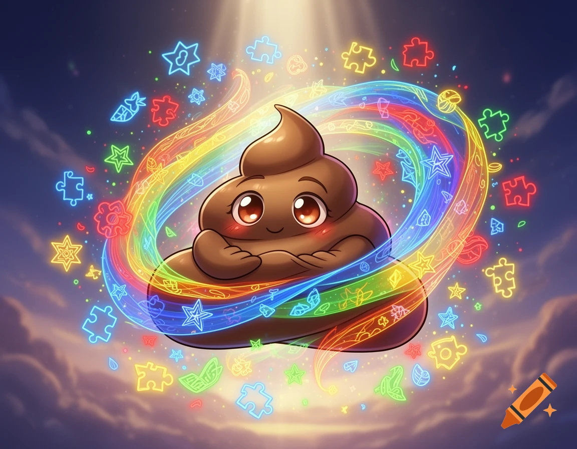 A cute, smiling cartoon poop emoji surrounded by a glowing rainbow and colorful stars and puzzle pieces, floating in the sky.
