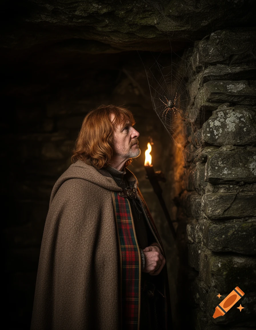 A man in a brown cloak with tartan trim looks intently at a spider in a web, lit by a torch in a dark stone structure.