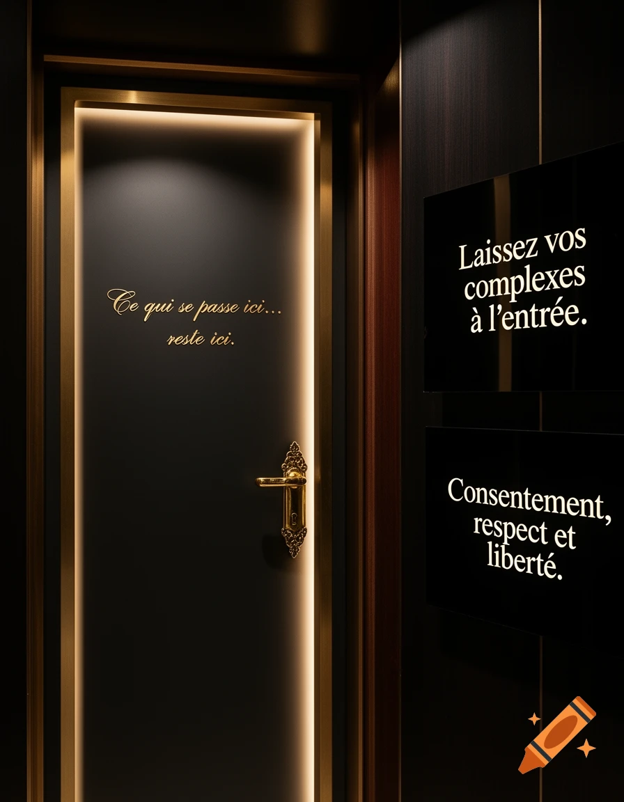 A dimly lit elegant black door with a gold handle and a golden glowing frame. Gold text on the door reads: "Ce qui se passe ici... reste ici." Two black panels on the wall display white text: "Laissez vos complexes à l'entrée." and "Consentement, respect et liberté."