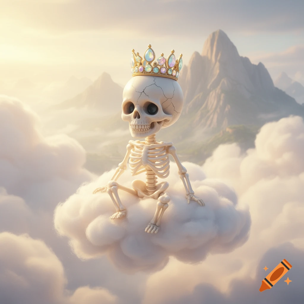 A cute, cartoonish baby skeleton with a jeweled crown sits on a cloud above mountains in an ethereal sky.