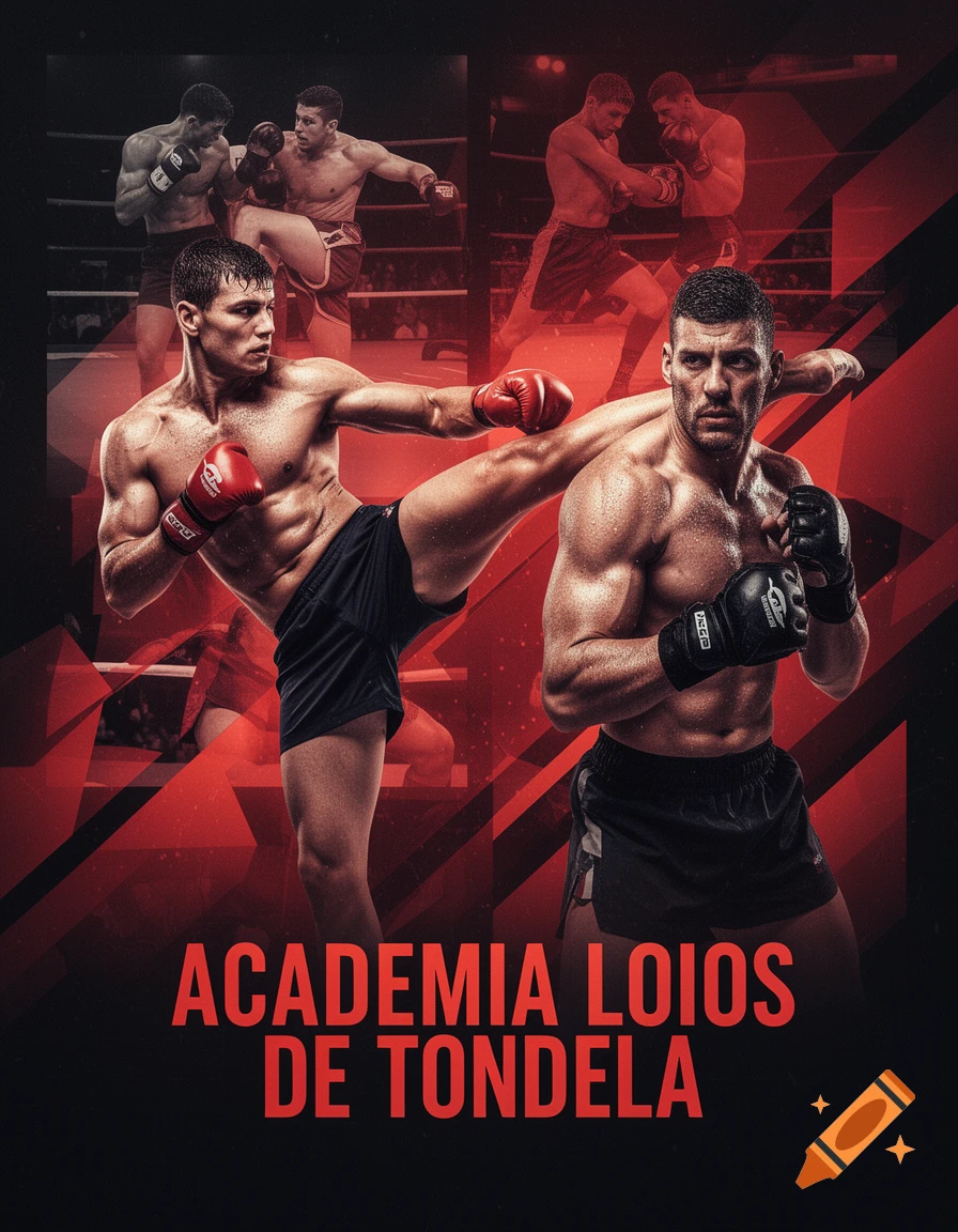 Red and black sports poster showing muscular male kickboxers and MMA fighters in action. Text: "ACADEMIA LOIOS DE TONDELA".