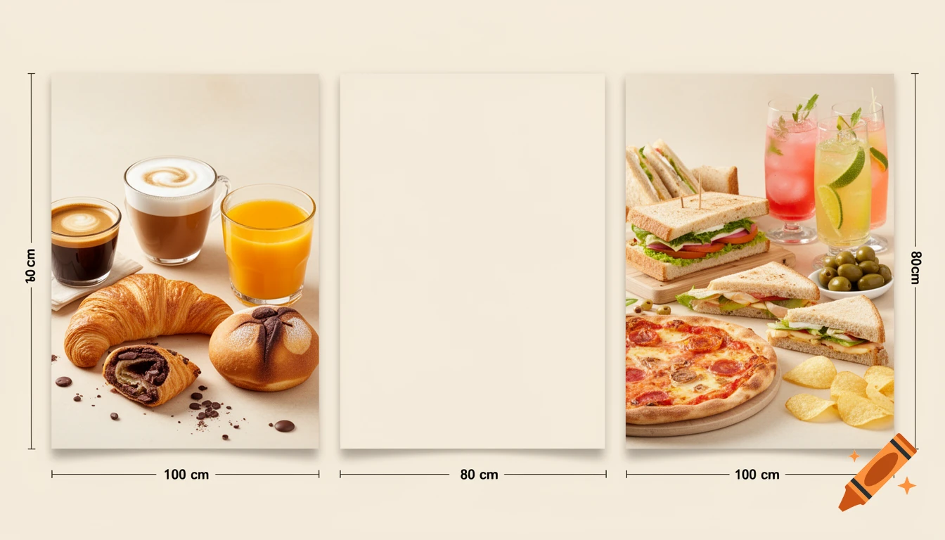 Three vertical panels displaying food and drinks. The left panel shows coffee, cappuccino, orange juice, a croissant, and pastries. The right panel features sandwiches, pizza, cocktails, olives, and potato chips. The central panel is blank.