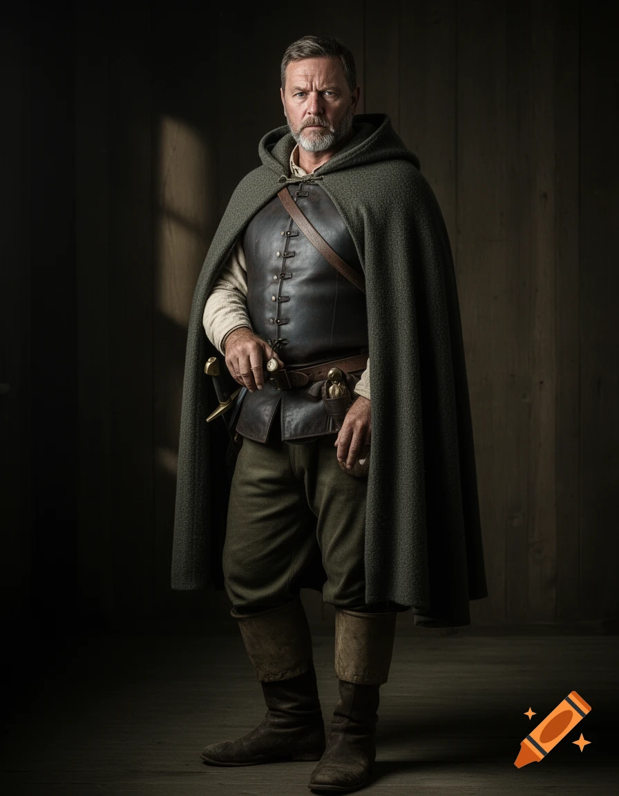 Full-body portrait of a grizzled, middle-aged man with a beard, wearing a dark green hooded cloak and leather jerkin, standing in a dim room.