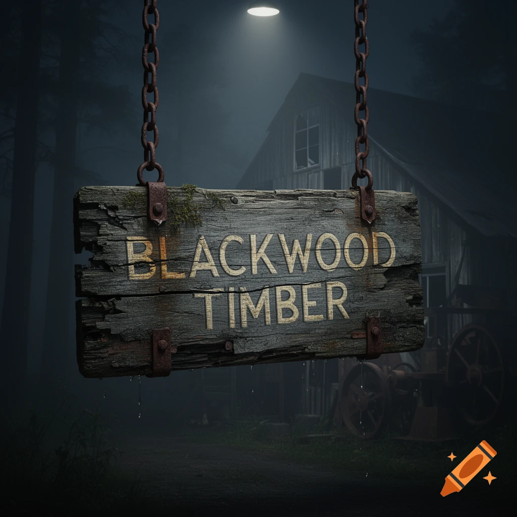 Weathered wooden sign reading BLACKWOOD TIMBER hanging by chains outside an abandoned sawmill at night, cinematic horror aesthetic.