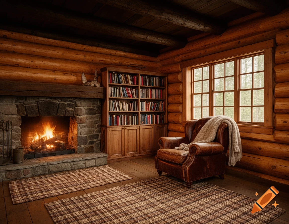 A cozy log cabin interior with a lit stone fireplace, a brown leather armchair with a blanket, a wooden bookshelf, and plaid rugs.