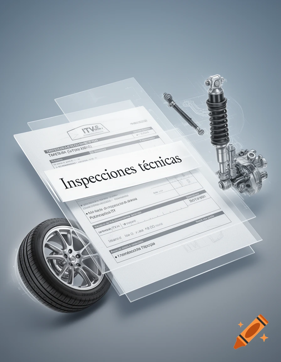 Digital illustration of vehicle inspection documents, a car tire, and a shock absorber on a grey background. The central document reads "Inspecciones técnicas".