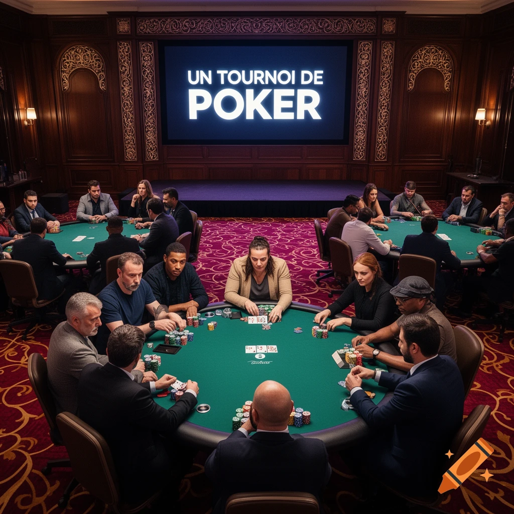 A photorealistic image of many people playing poker at multiple green tables in a grand, ornate room, with "UN TOURNOI DE POKER" displayed on a large screen in the background.