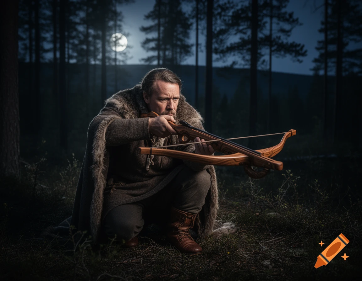 A man in a fur-trimmed cloak crouches in a dark forest, aiming a crossbow under a full moon.
