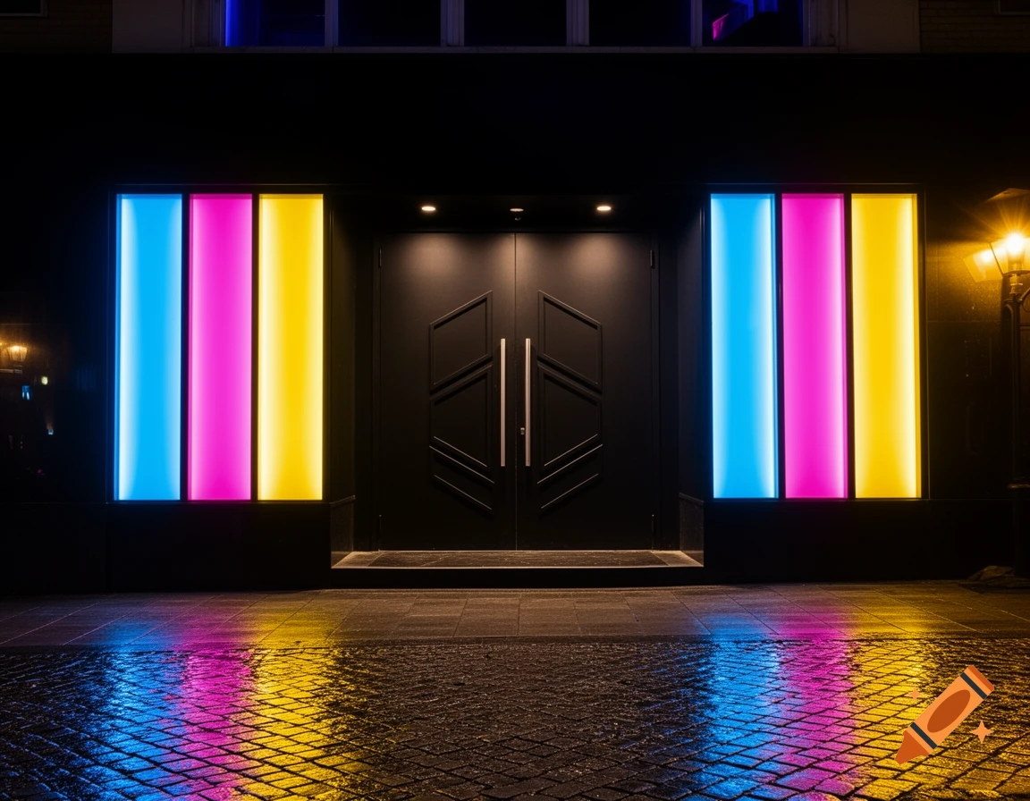 Photorealistic image of a disco entrance at night with vertical blue, pink, and yellow neon lights reflecting on the wet pavement.