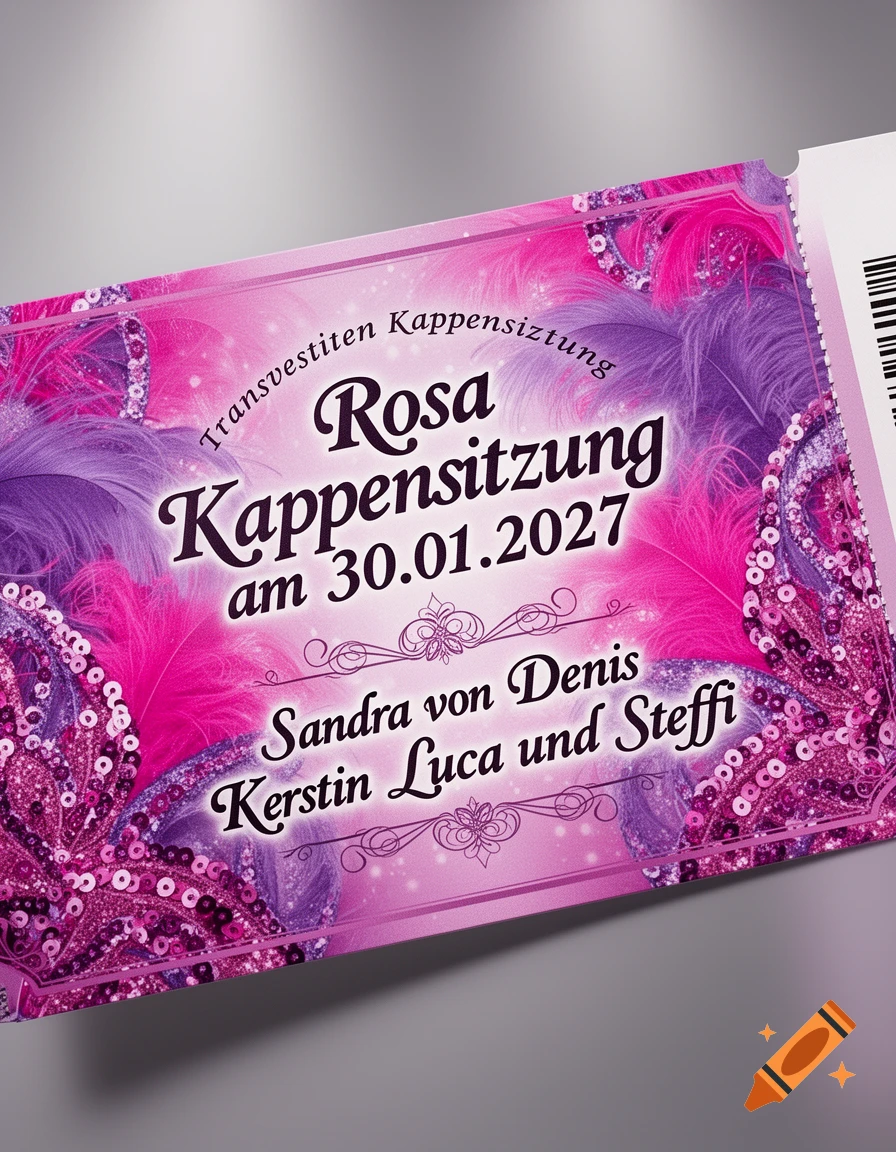 A pink and purple carnival event ticket for a 'Rosa Kappensitzung' on 30.01.2027, decorated with feathers and sequins. A barcode is visible on the right.