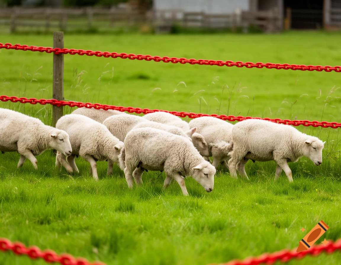 A small flock of white sheep graze in a lush green rural pasture, behind a red chain fence.