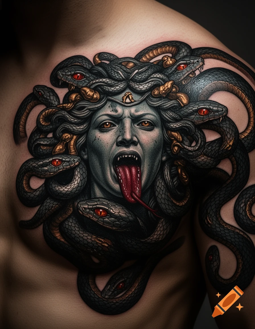 Close-up of a realistic Medusa tattoo on a person's chest, featuring a greyish face, open mouth with a long red tongue, and many coiling black snakes with red eyes.