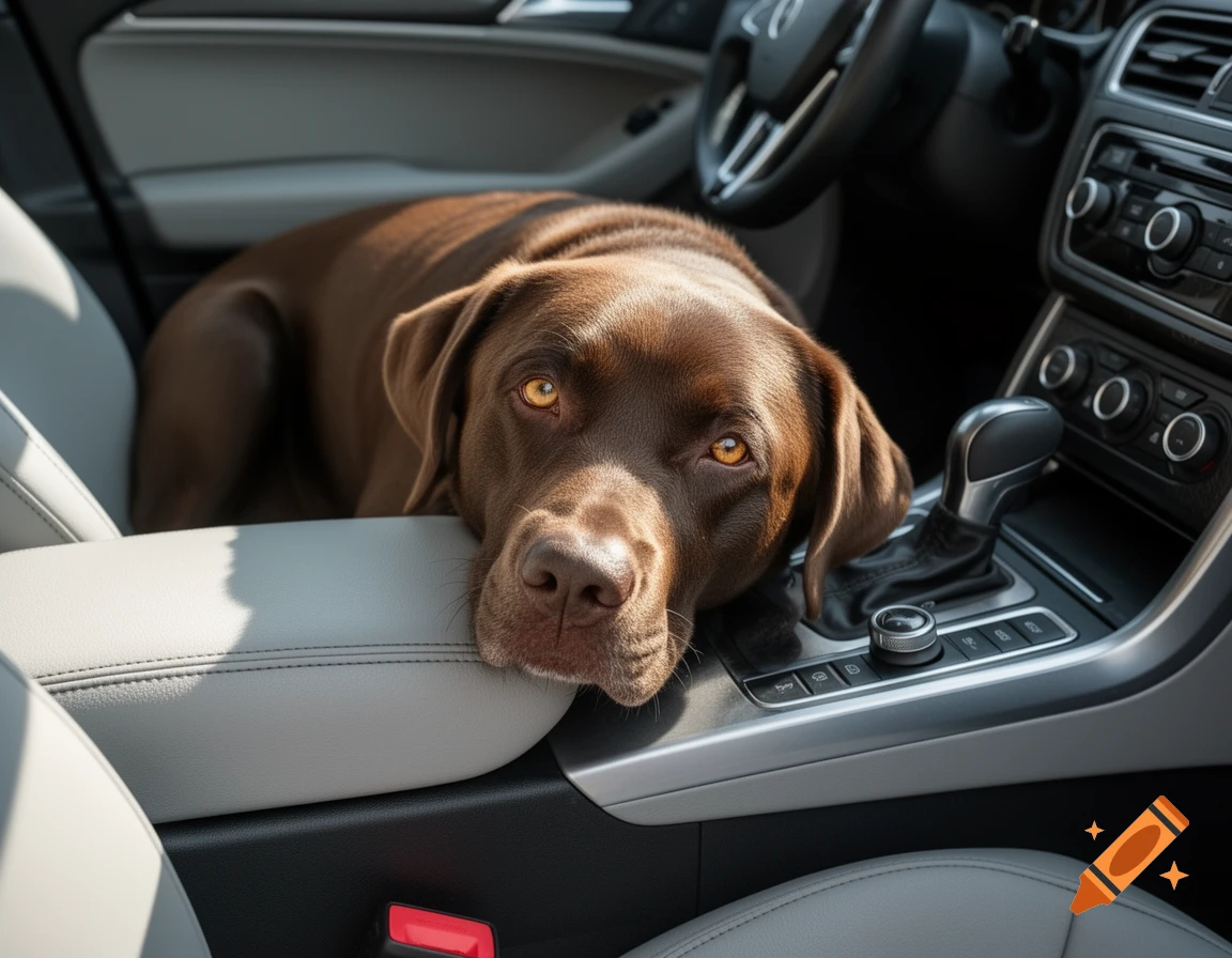 A photorealistic chocolate Labrador resting its head on the gray center console of a car.