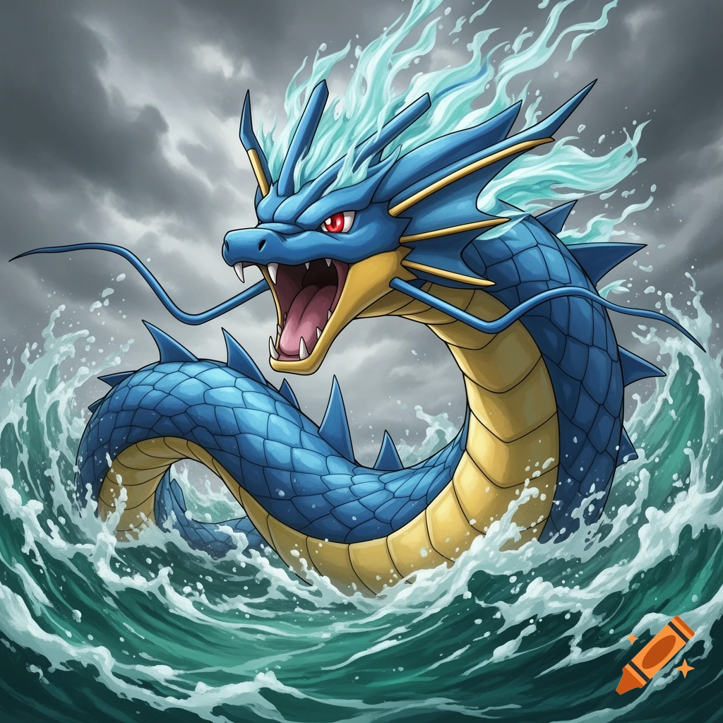 A blue and yellow Gyarados Pokémon with an open mouth emerges from stormy waters under a dark sky in an illustrative style.