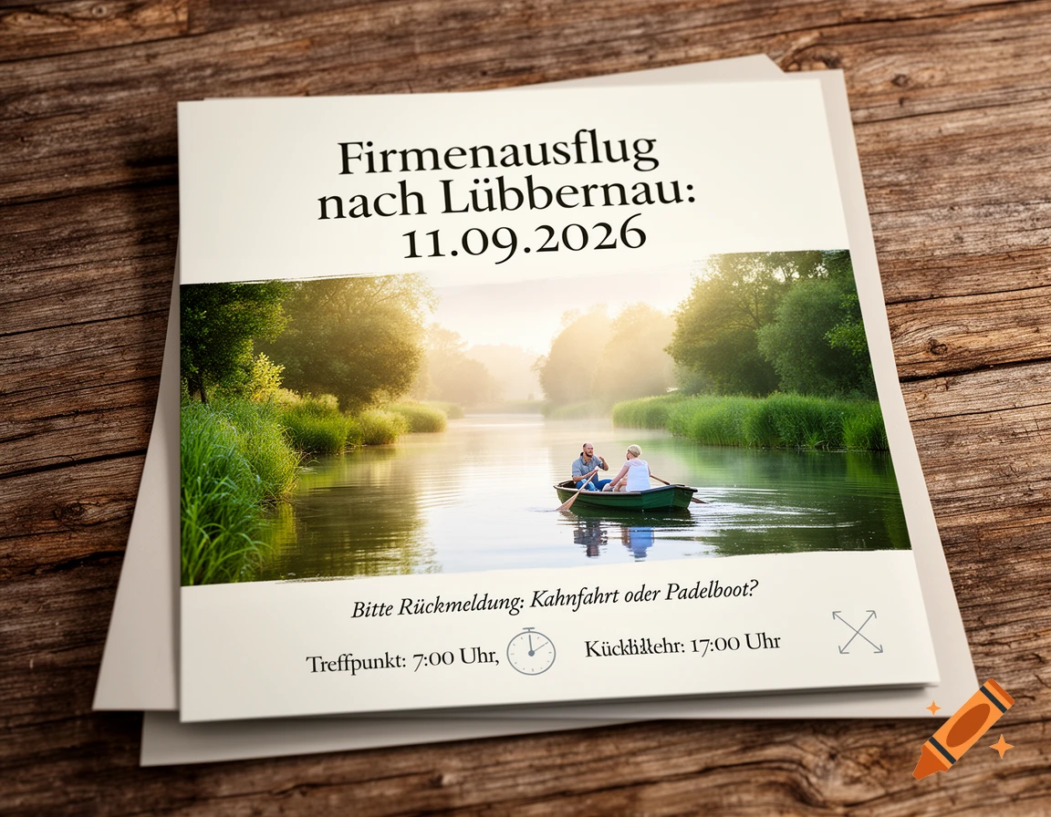 An invitation card for a company outing to Lübbenau on September 11, 2026, featuring two people in a rowboat on a misty river surrounded by green trees.