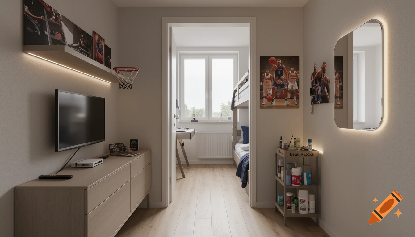 Modern youth bedroom with a TV, basketball art, a small hoop, a lighted mirror, and a bunk bed visible through a doorway.