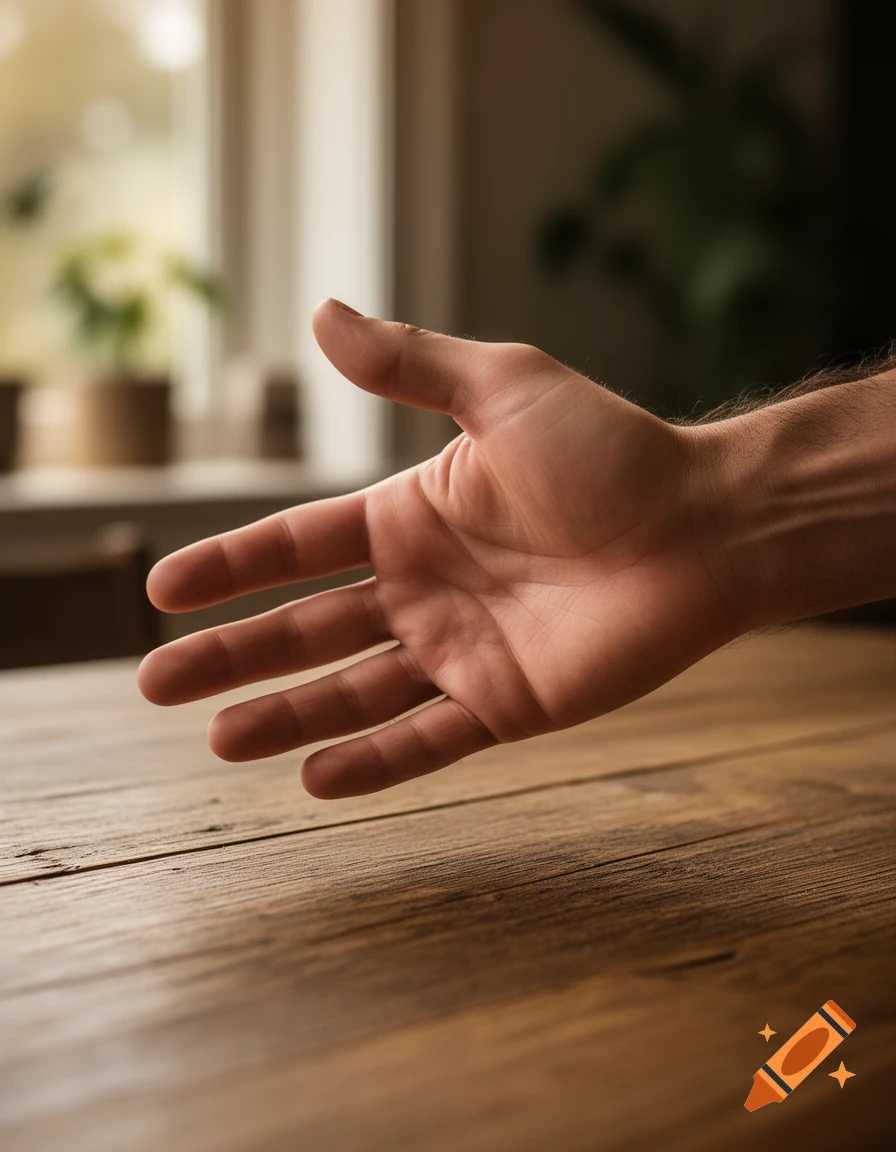 A man's hand reaches across a rustic wooden table in a softly lit room with plants in the background.